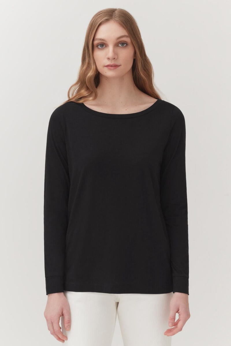 Cuyana Pima Boatneck Long Sleeve Tee Ženske Majice Crne | RSQ4531BB