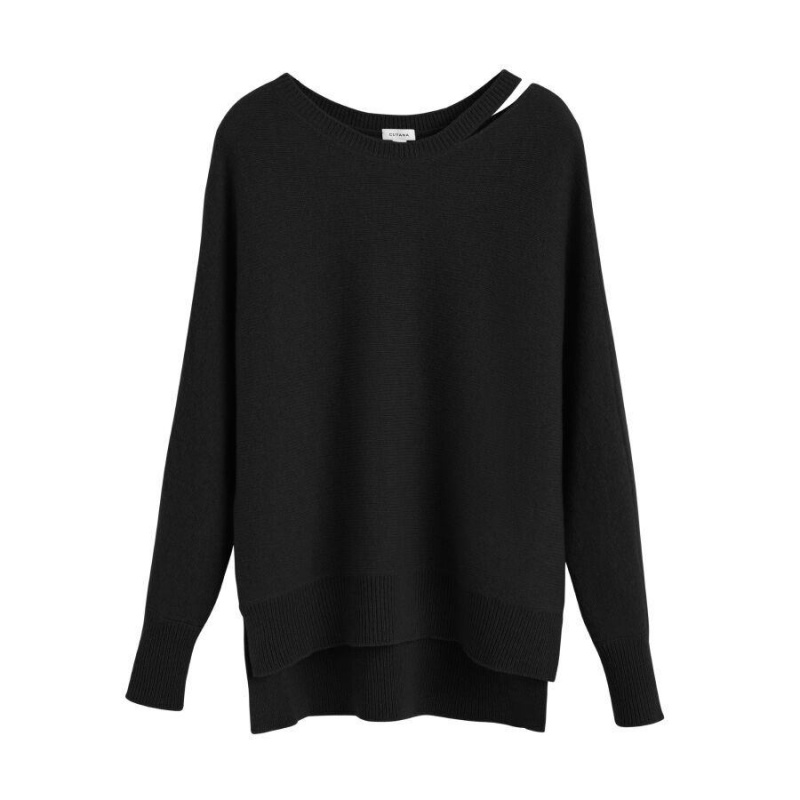 Cuyana Recycled Cashmere Split-Neck Ženske Džemperi Crne | SGL7947JJ