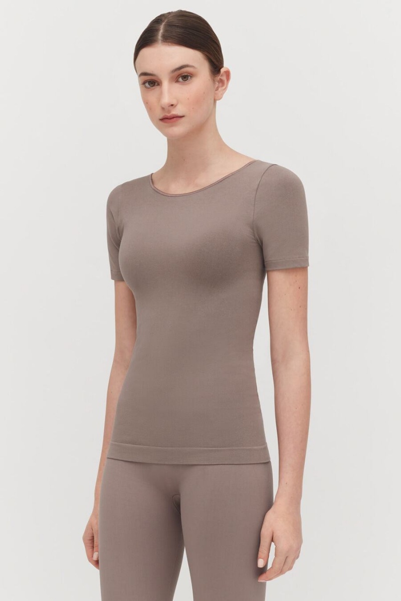 Cuyana Stretch Scoop Neck Tee Ženske Majice Svijetlo Smeđe | TNL3675PO